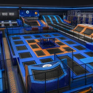 Space themed all-in-one commercial indoor trampoline park top 3D render layout