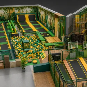 Tropical jungle themed commercial trampoline park top-down 3D layout render