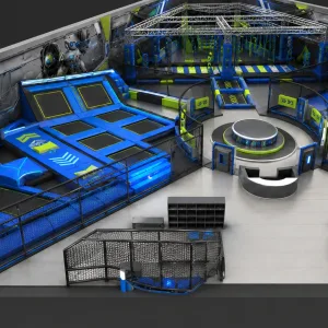 Blue green mecha robot mural teen trampoline arena with ninja warrior obstacle grid
