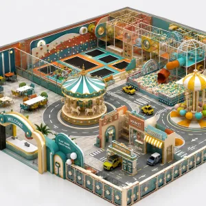 Vintage pretend city themed commercial indoor play park with mini market street
