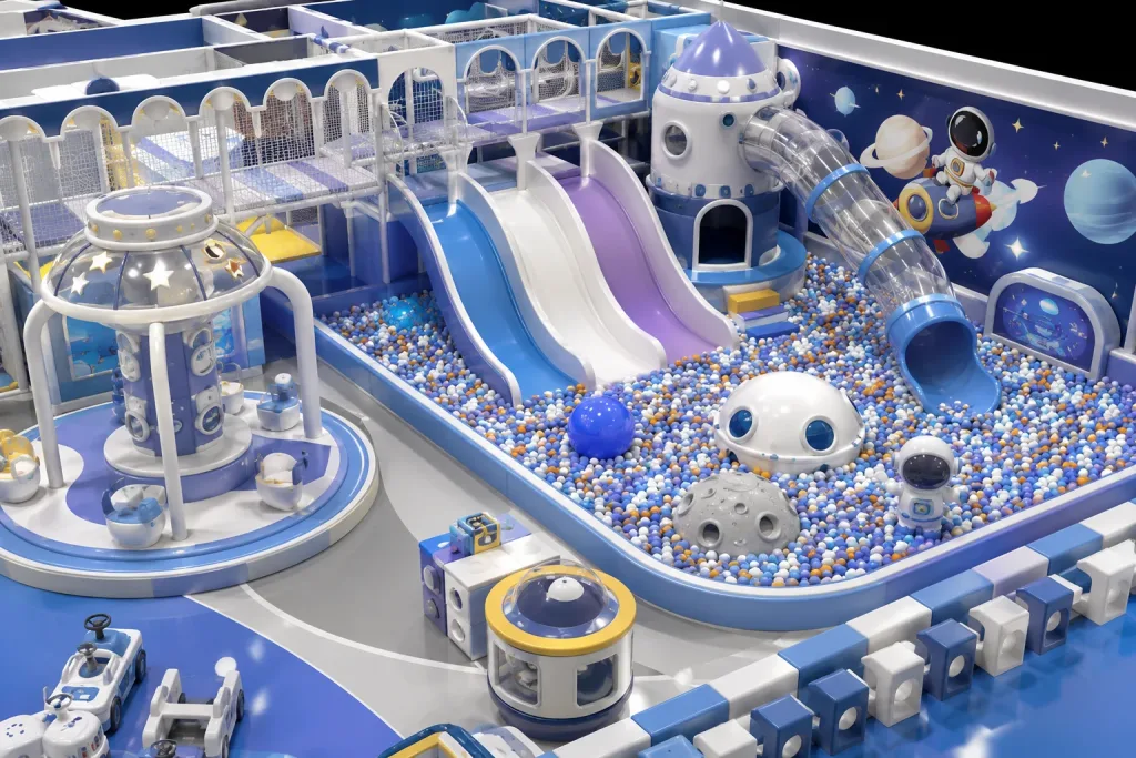 Space station themed all-in-one commercial indoor playground for shopping mall FEC top render